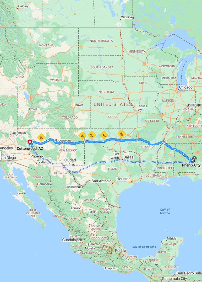 driving from Phenix City, Alabama to CottonwoodArizona - map and route