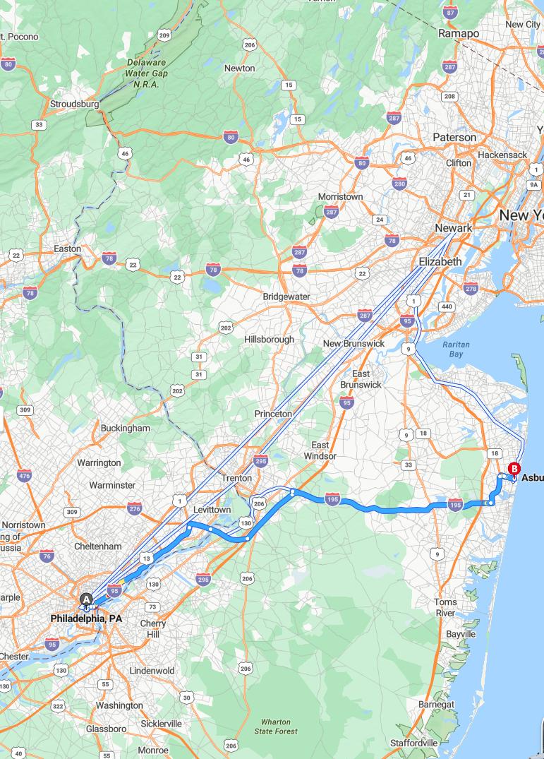 driving from Philadelphia, Pennsylvania to Asbury ParkNew Jersey - map and route
