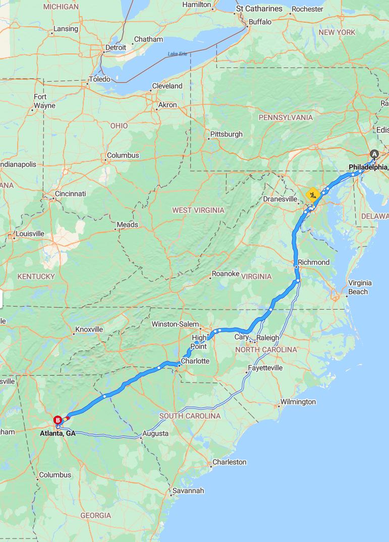 driving from Philadelphia, Pennsylvania to AtlantaGeorgia - map and route