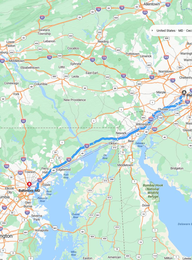 driving from Philadelphia, Pennsylvania to BaltimoreMaryland - map and route
