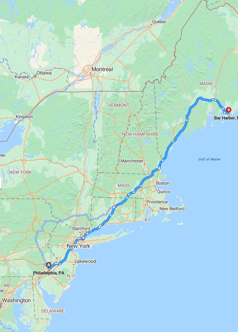 driving from Philadelphia, Pennsylvania to Bar HarborMaine - map and route