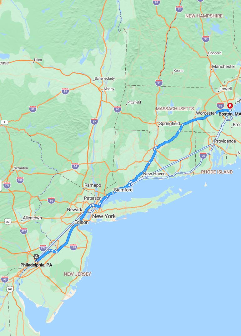 driving from Philadelphia, Pennsylvania to BostonMassachusetts - map and route