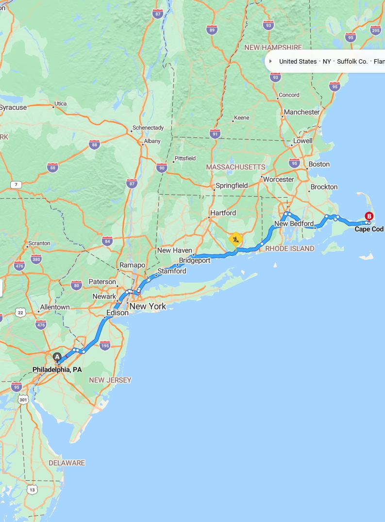 driving from Philadelphia, Pennsylvania to Cape CodMassachusetts - map and route