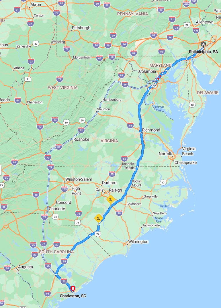 driving from Philadelphia, Pennsylvania to CharlestonSouth Carolina - map and route