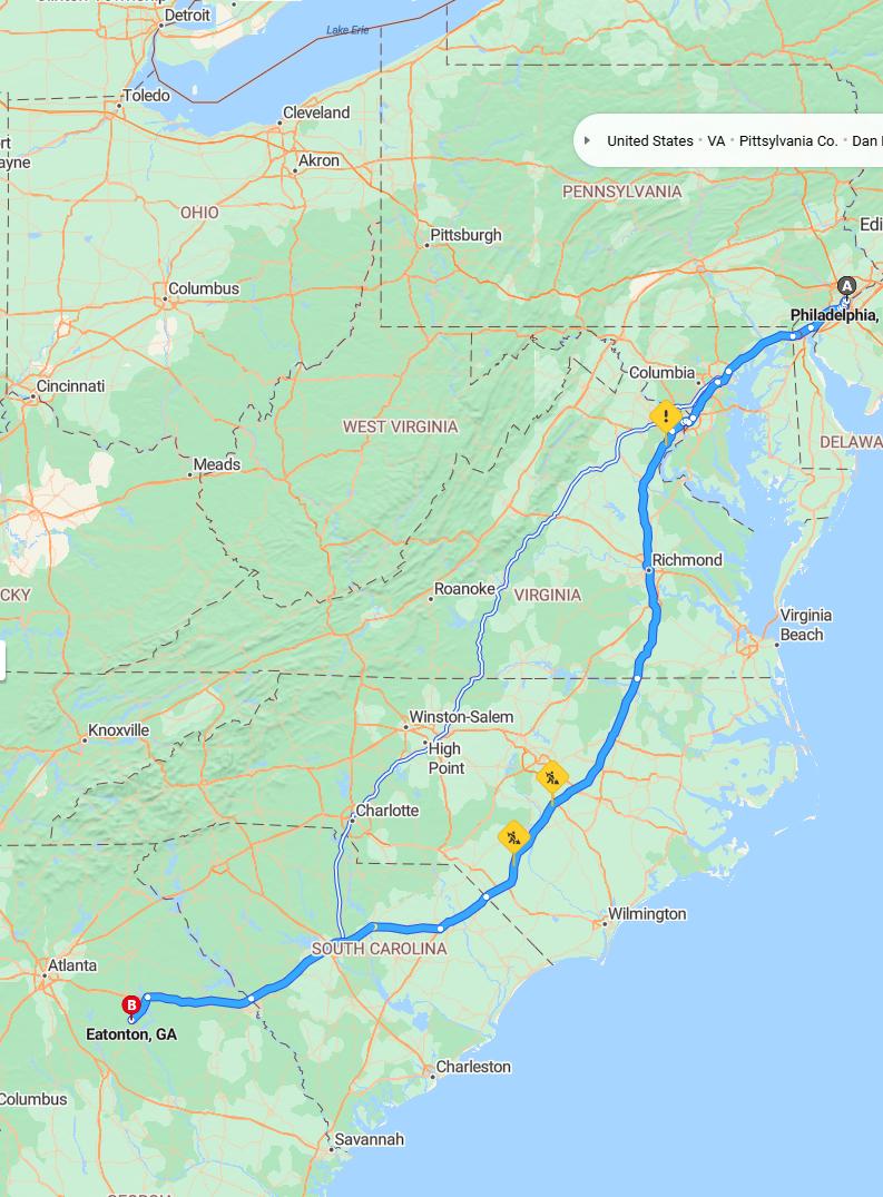 driving from Philadelphia, Pennsylvania to EatontonGeorgia - map and route