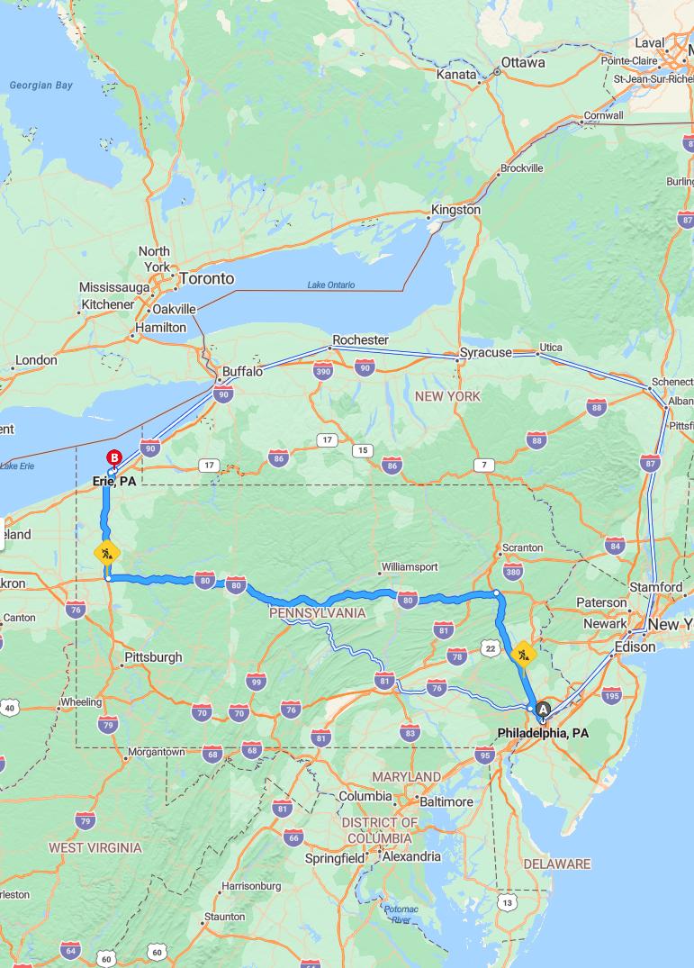 driving from Philadelphia, Pennsylvania to EriePennsylvania - map and route