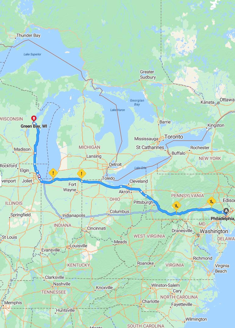 driving from Philadelphia, Pennsylvania to Green BayWisconsin - map and route