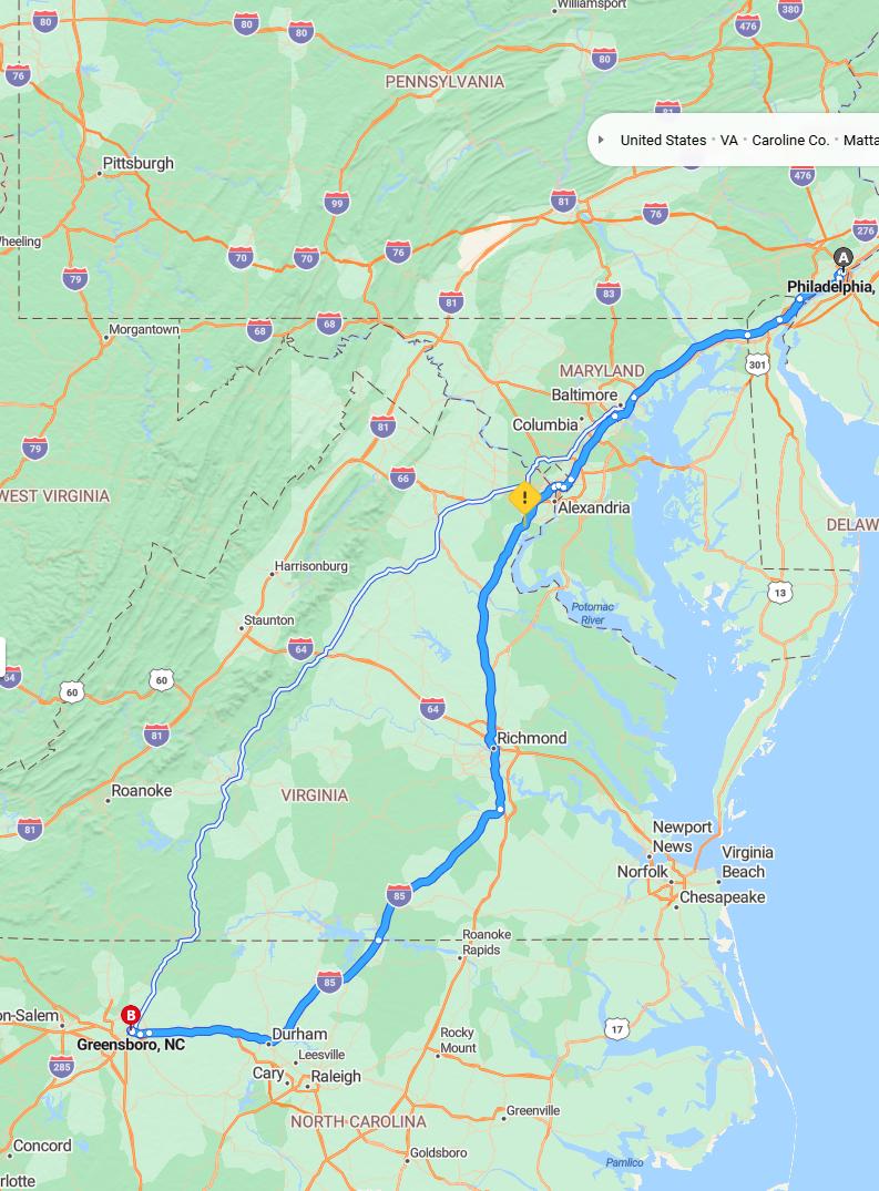 driving from Philadelphia, Pennsylvania to GreensboroNorth Carolina - map and route