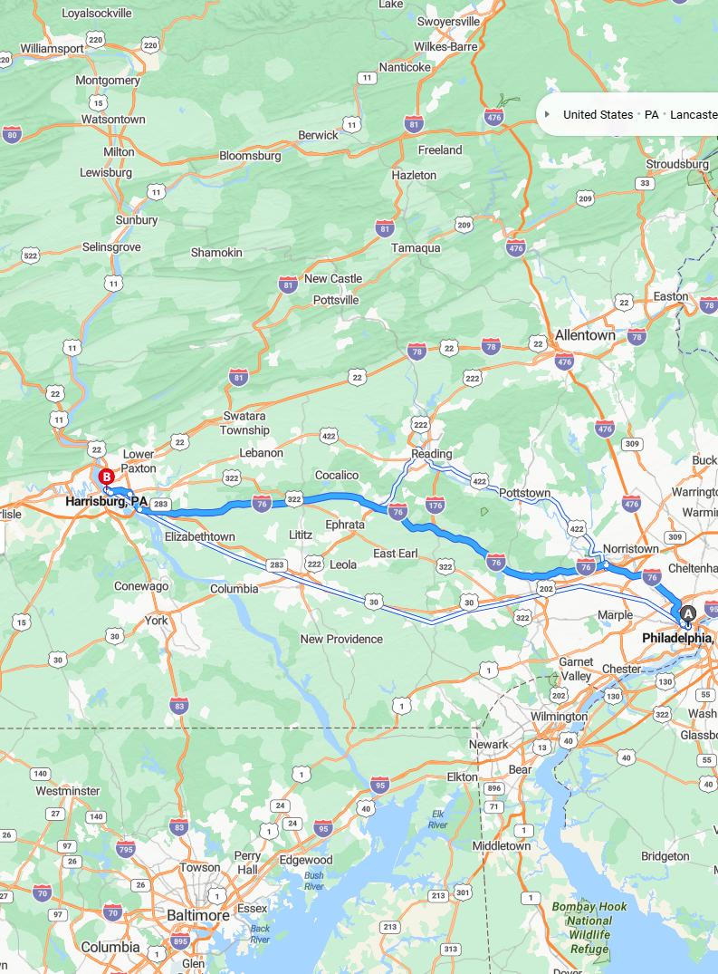 driving from Philadelphia, Pennsylvania to HarrisburgPennsylvania - map and route
