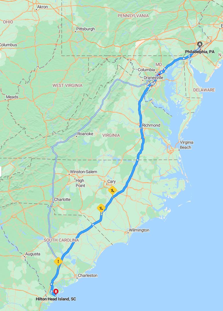 driving from Philadelphia, Pennsylvania to Hilton Head IslandSouth Carolina - map and route