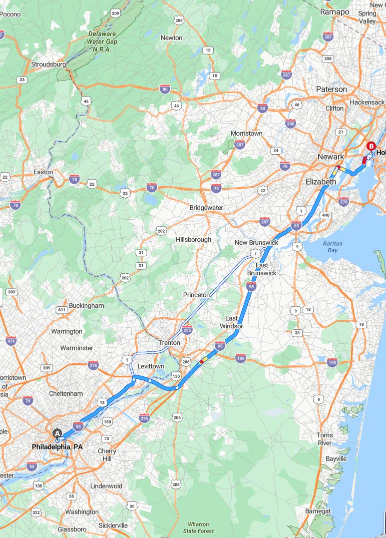 driving from Philadelphia, Pennsylvania to HobokenNew Jersey - map and route