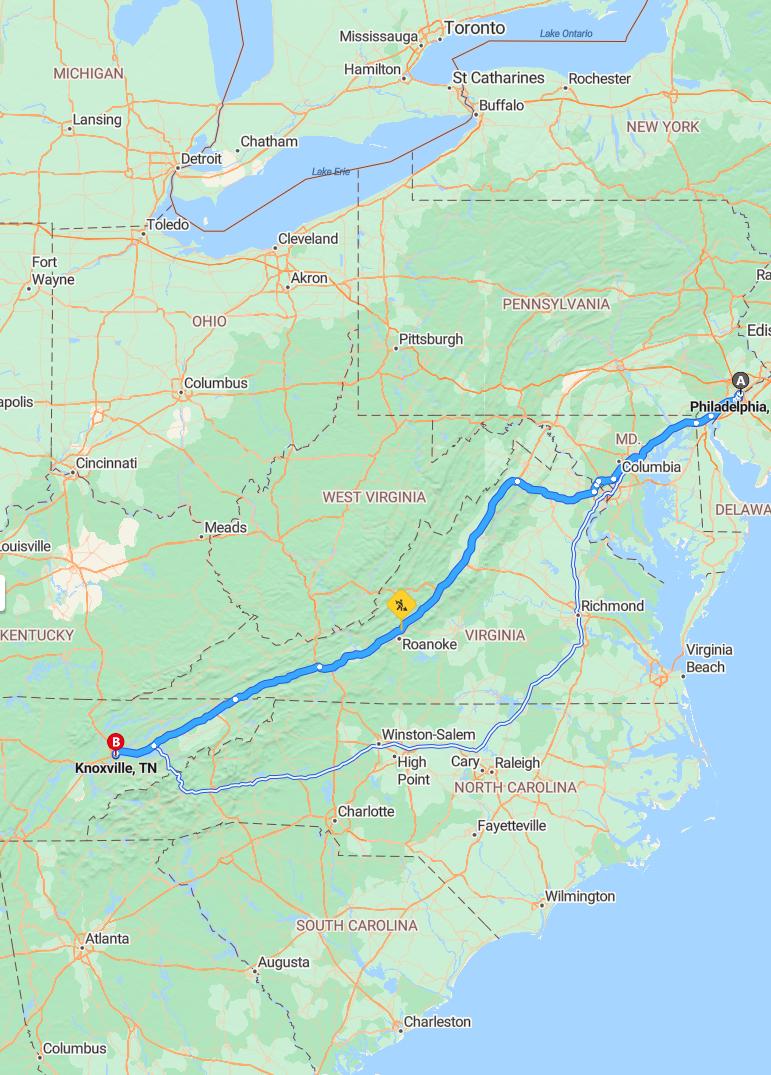 driving from Philadelphia, Pennsylvania to KnoxvilleTennessee - map and route