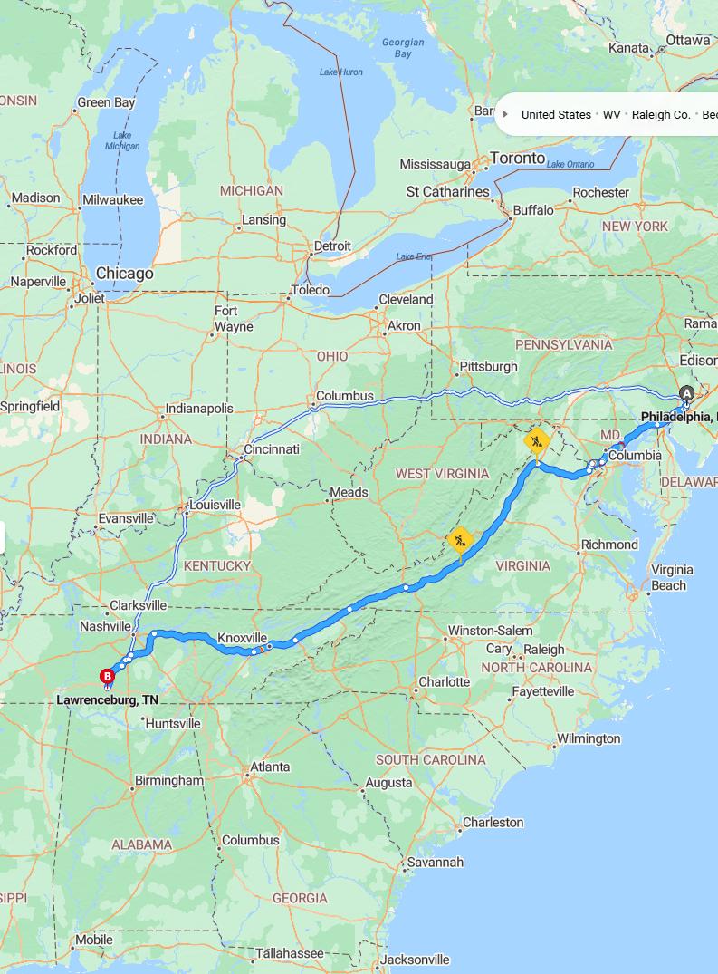 driving from Philadelphia, Pennsylvania to LawrenceburgTennessee - map and route
