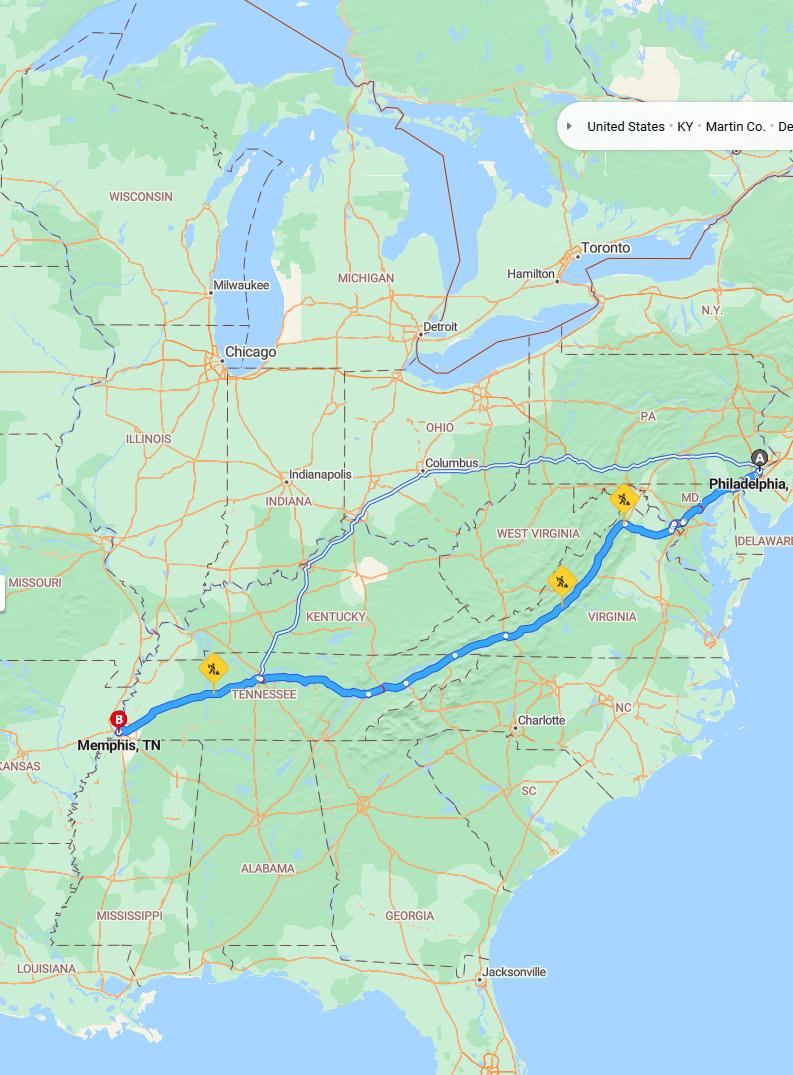 driving from Philadelphia, Pennsylvania to MemphisTennessee - map and route