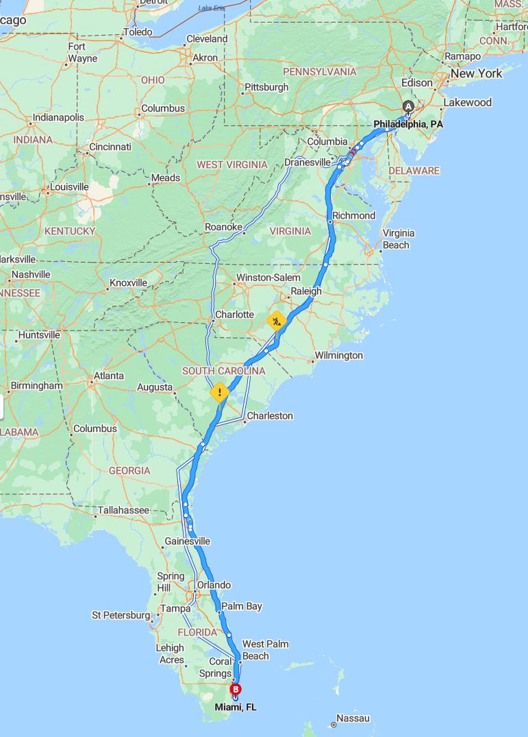 driving from Philadelphia, Pennsylvania to MiamiFlorida - map and route