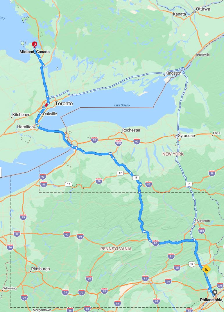 driving from Philadelphia, Pennsylvania to MidlandOntario - map and route