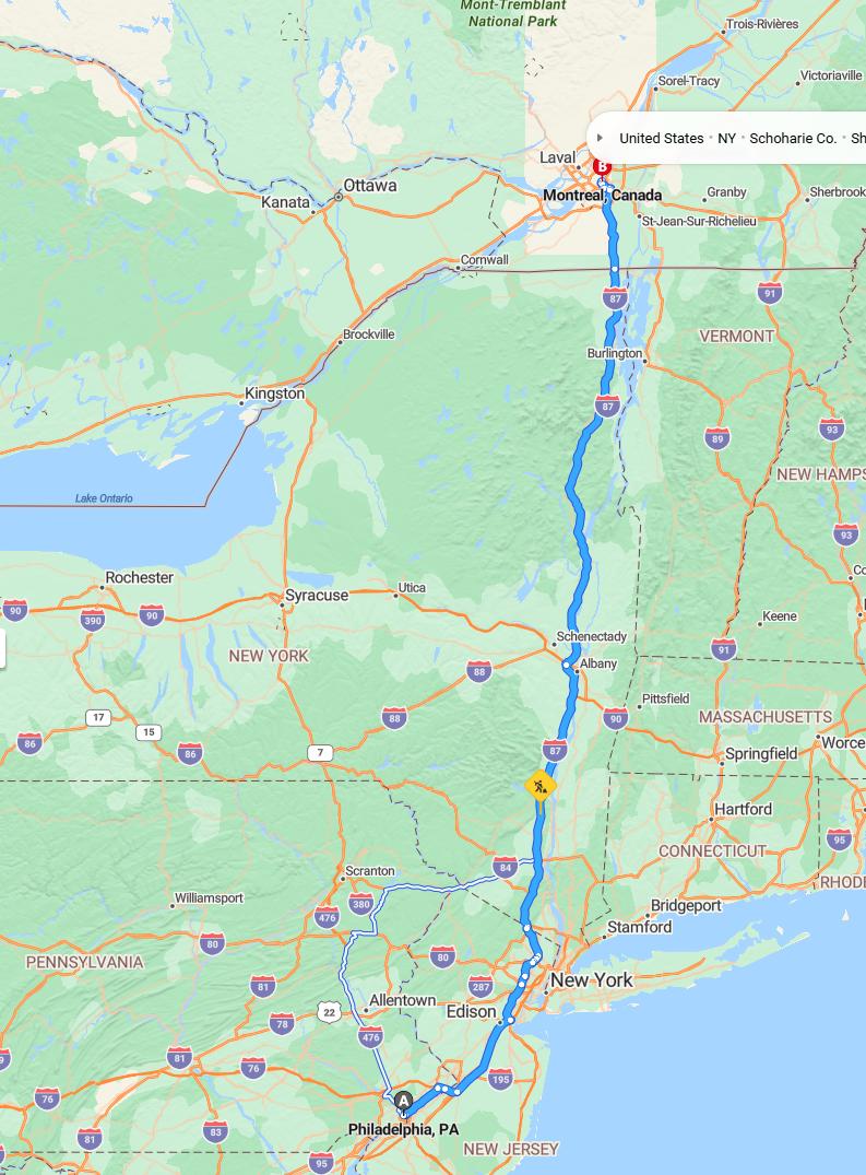driving from Philadelphia, Pennsylvania to MontrealQuebec - map and route