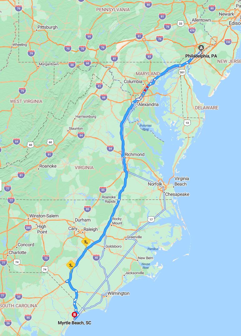 driving from Philadelphia, Pennsylvania to Myrtle BeachSouth Carolina - map and route