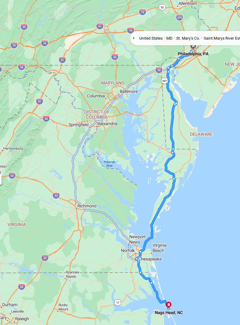 driving from Philadelphia, Pennsylvania to Nags HeadNorth Carolina - map and route