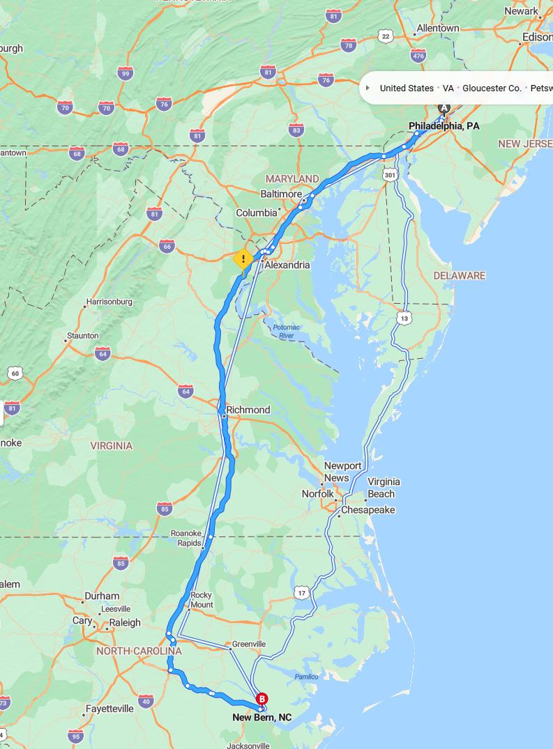 driving from Philadelphia, Pennsylvania to New BernNorth Carolina - map and route