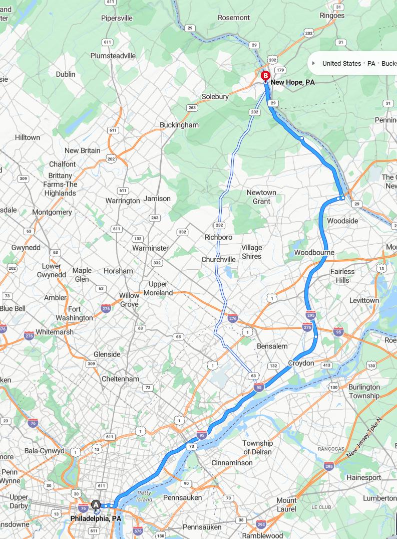 driving from Philadelphia, Pennsylvania to New HopePennsylvania - map and route