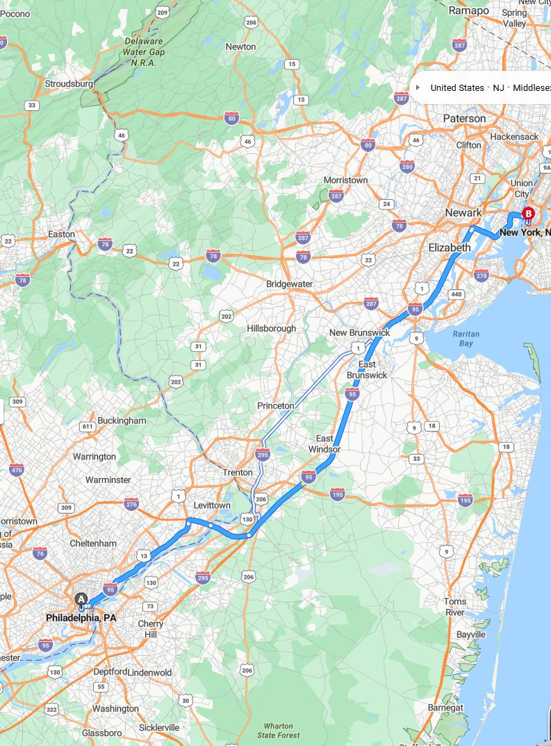 driving from Philadelphia, Pennsylvania to New YorkNew York - map and route