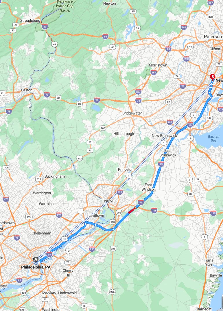 driving from Philadelphia, Pennsylvania to NewarkNew Jersey - map and route