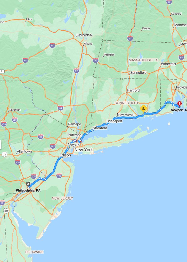 driving from Philadelphia, Pennsylvania to NewportRhode Island - map and route