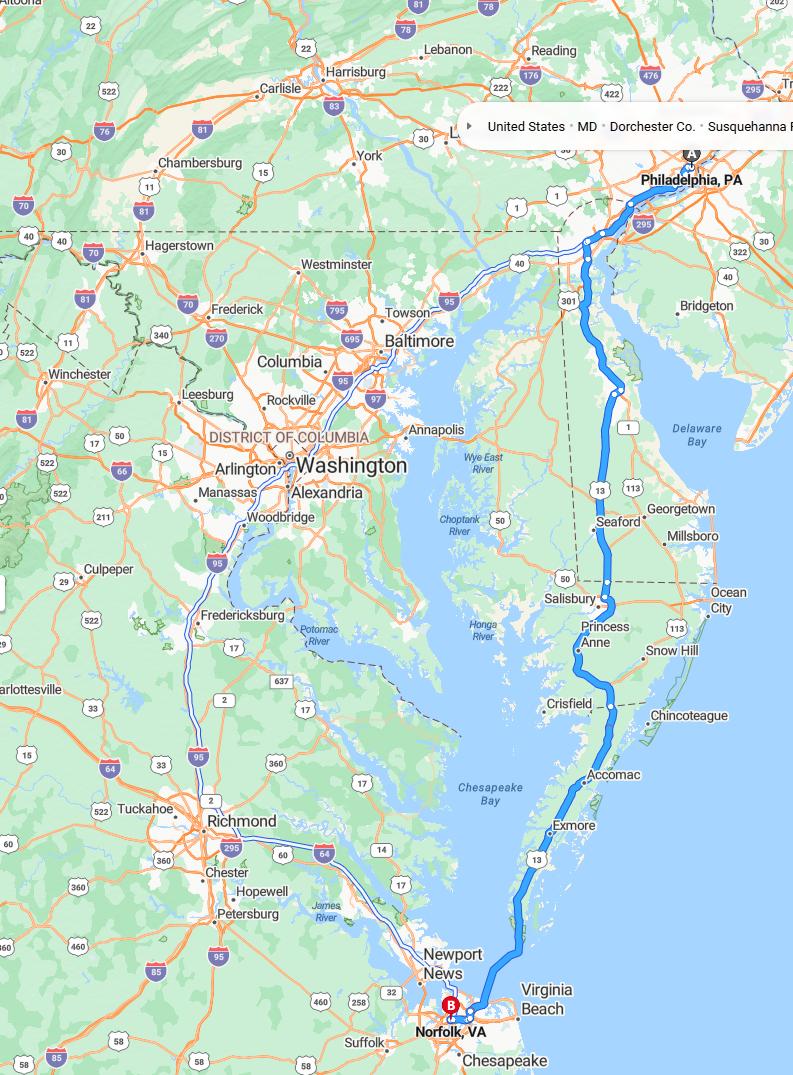 driving from Philadelphia, Pennsylvania to NorfolkVirginia - map and route