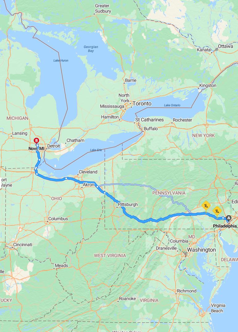 driving from Philadelphia, Pennsylvania to NoviMichigan - map and route