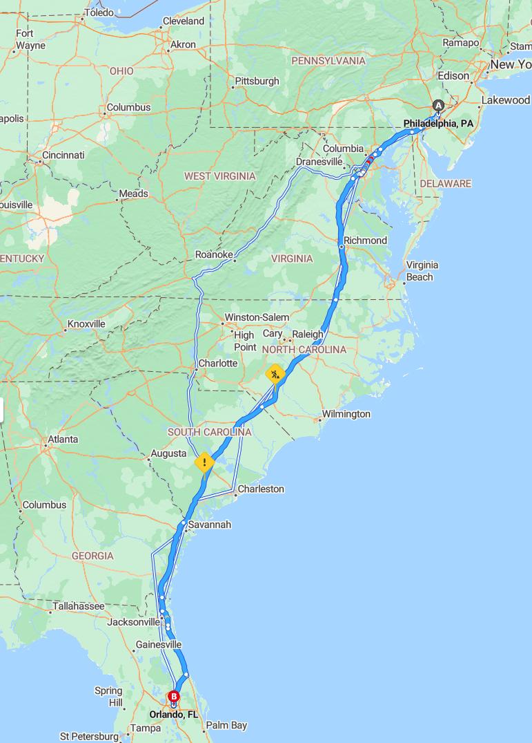 driving from Philadelphia, Pennsylvania to OrlandoFlorida - map and route