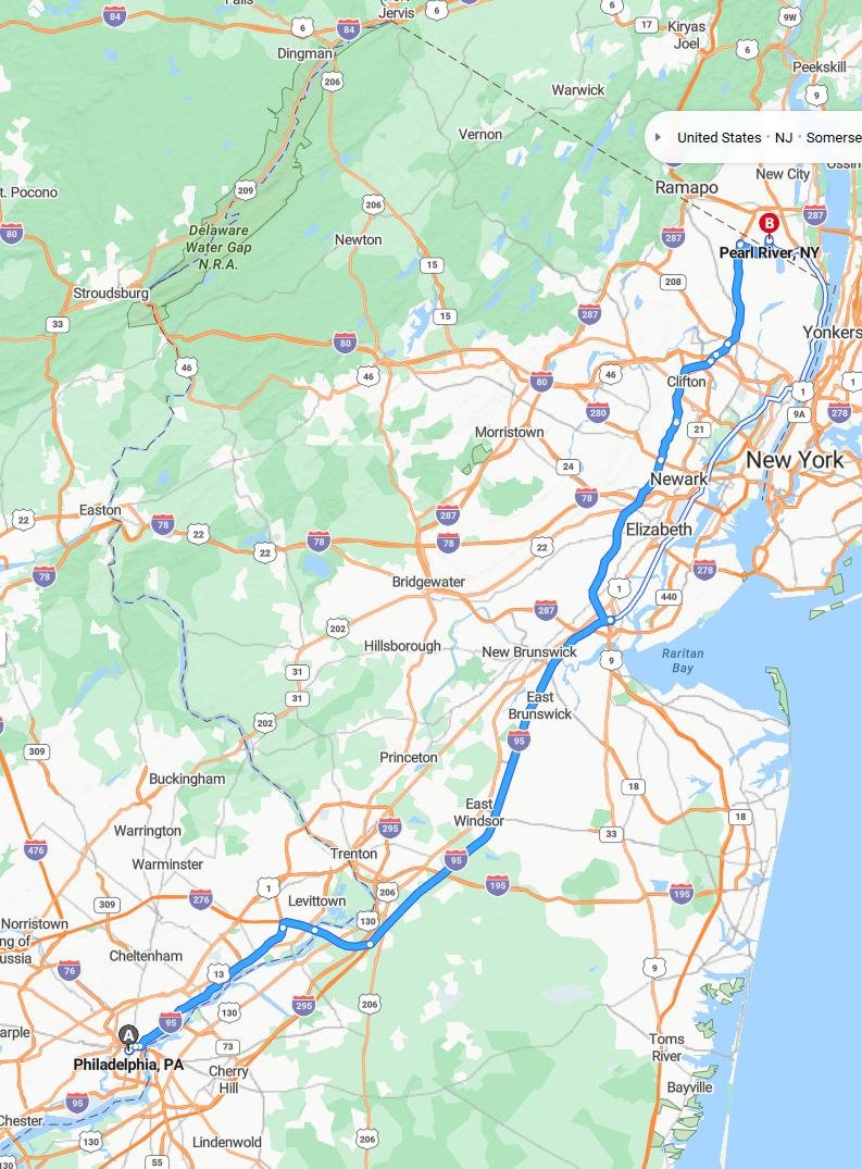 driving from Philadelphia, Pennsylvania to Pearl RiverNew York - map and route