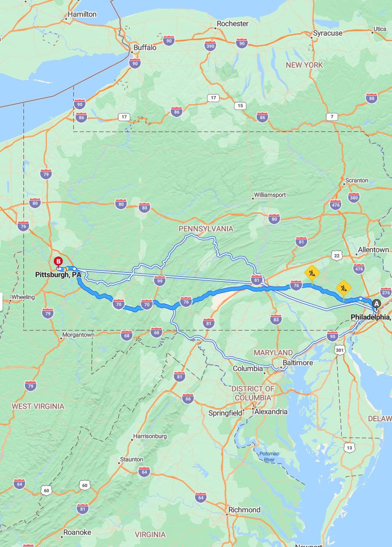 driving from Philadelphia, Pennsylvania to PittsburghPennsylvania - map and route