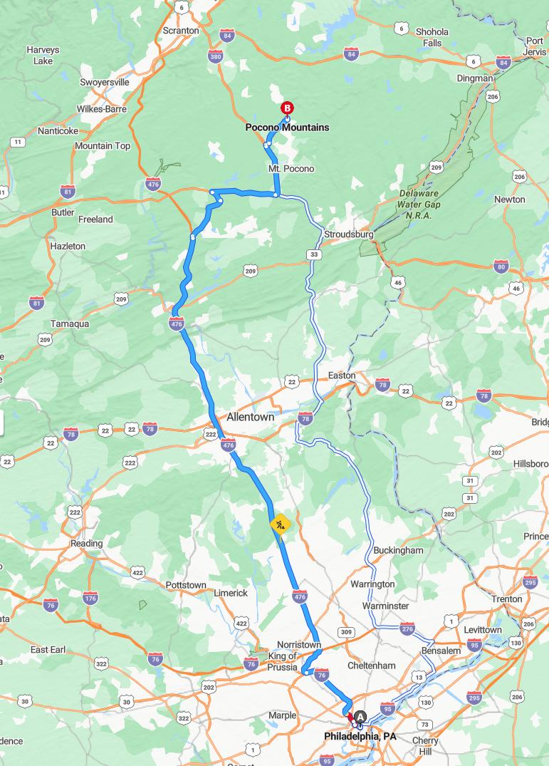driving from Philadelphia, Pennsylvania to PoconosPennsylvania - map and route