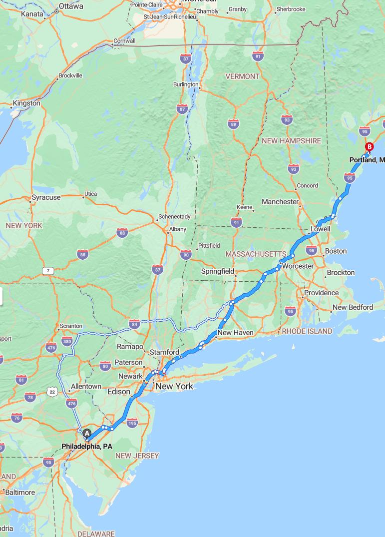 driving from Philadelphia, Pennsylvania to PortlandMaine - map and route
