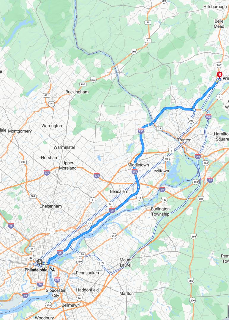 driving from Philadelphia, Pennsylvania to PrincetonNew Jersey - map and route