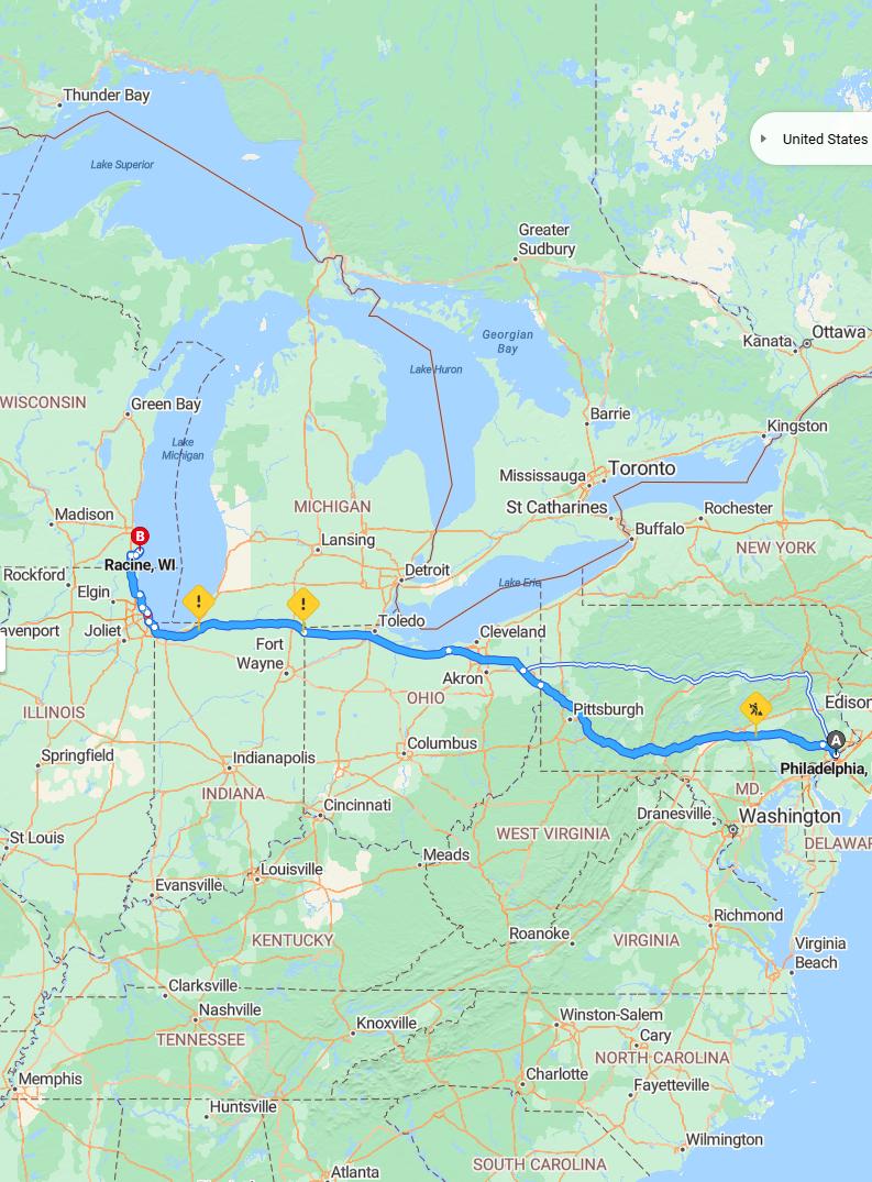 driving from Philadelphia, Pennsylvania to RacineWisconsin - map and route