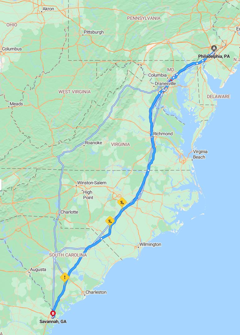 driving from Philadelphia, Pennsylvania to SavannahGeorgia - map and route