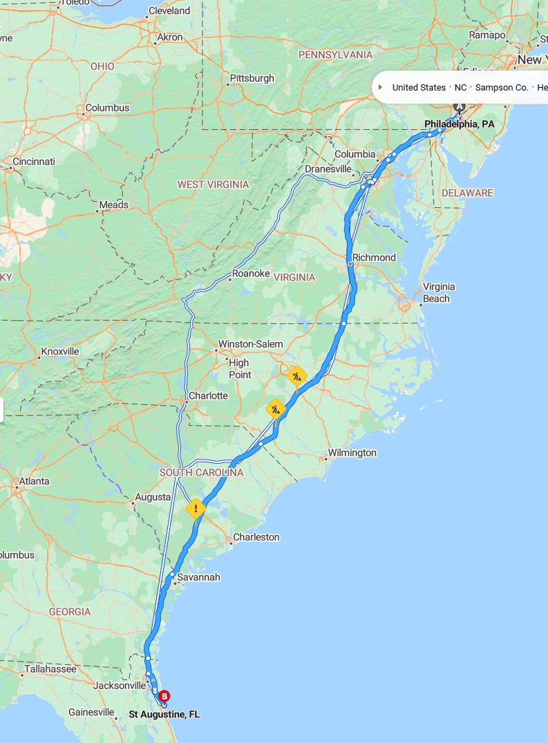 driving from Philadelphia, Pennsylvania to St. AugustineFlorida - map and route