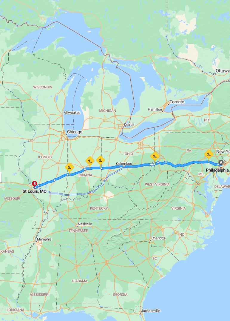 driving from Philadelphia, Pennsylvania to St. LouisMissouri - map and route