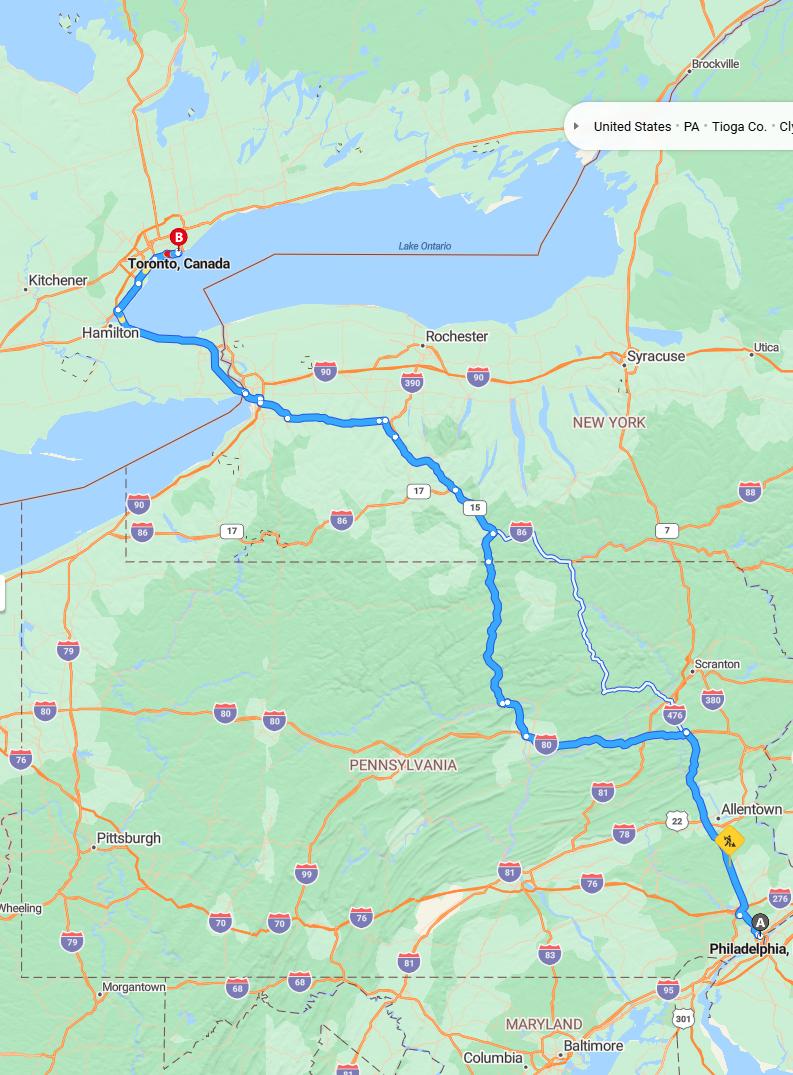 driving from Philadelphia, Pennsylvania to TorontoOntario - map and route