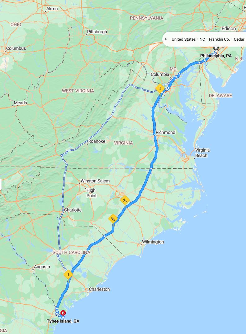 driving from Philadelphia, Pennsylvania to Tybee IslandGeorgia - map and route