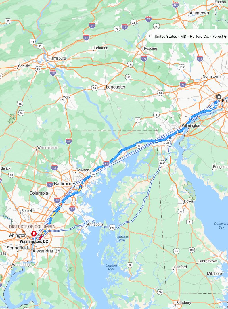 driving from Philadelphia, Pennsylvania to WashingtonDistrict of Columbia - map and route