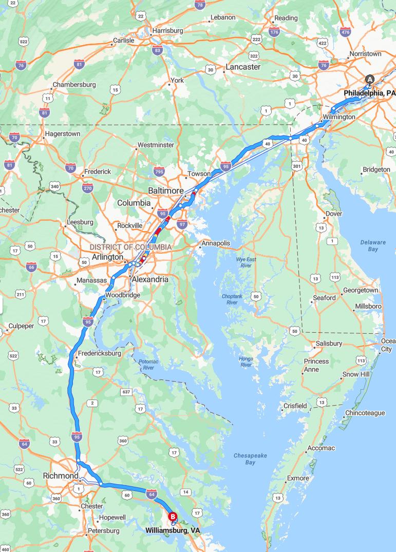 driving from Philadelphia, Pennsylvania to WilliamsburgVirginia - map and route