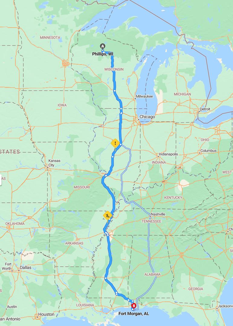 driving from Phillips, Wisconsin to Fort MorganAlabama - map and route
