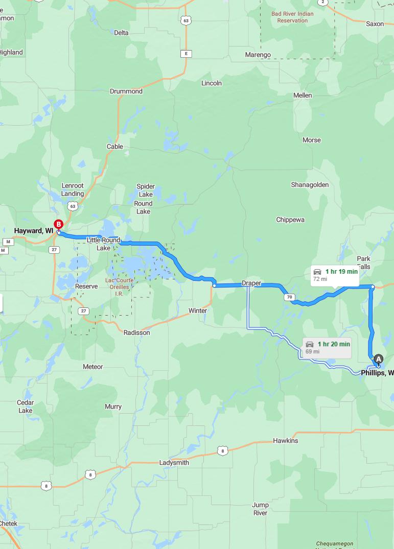 driving from Phillips, Wisconsin to HaywardWisconsin - map and route