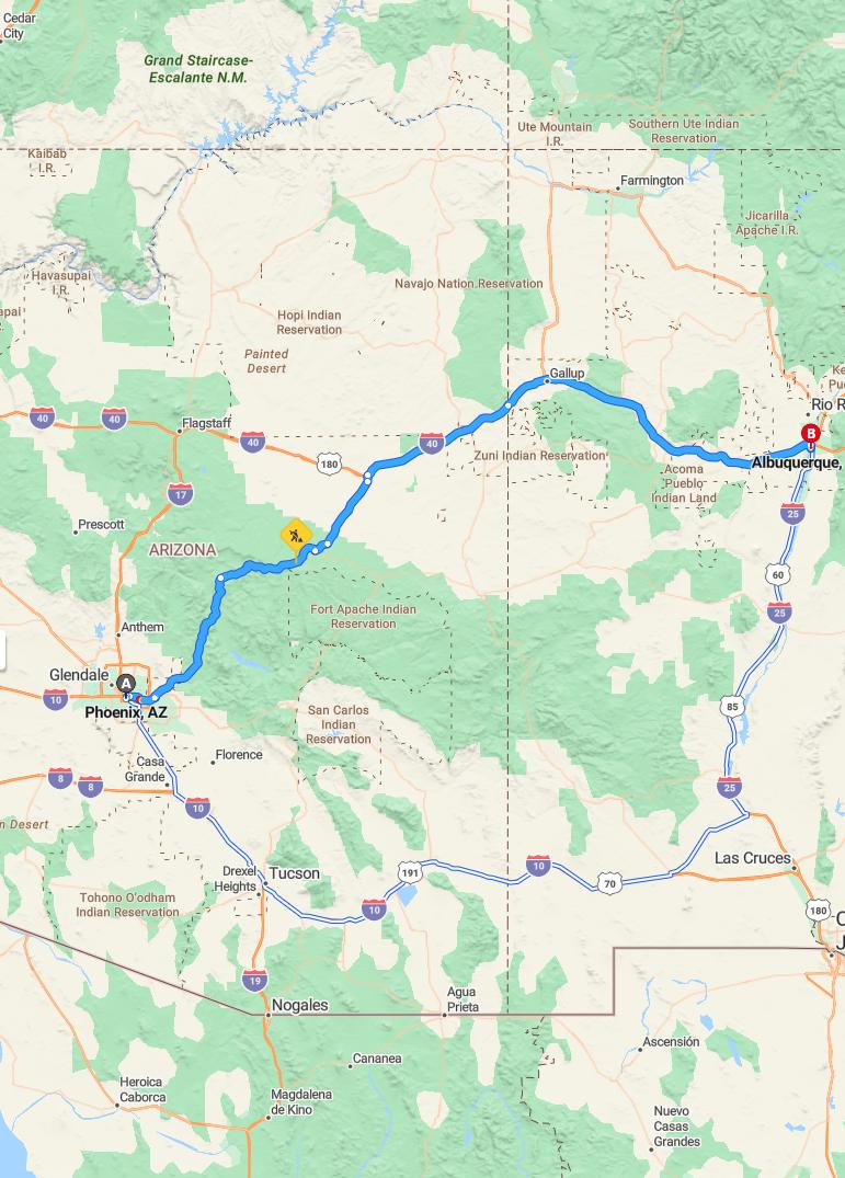 driving from Phoenix, Arizona to AlbuquerqueNew Mexico - map and route