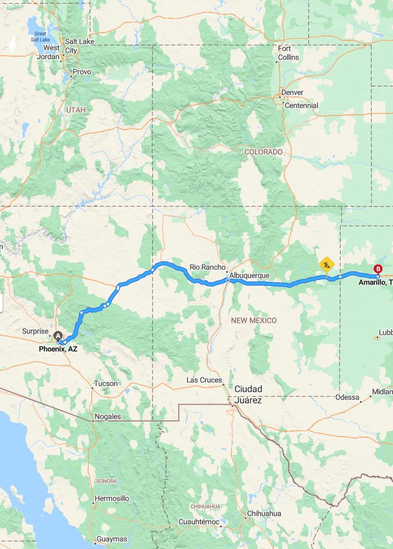 driving from Phoenix, Arizona to AmarilloTexas - map and route