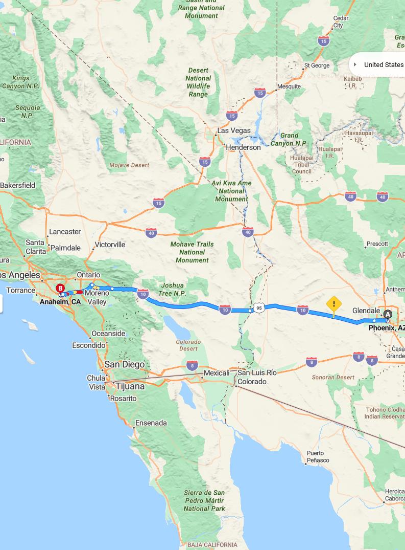 driving from Phoenix, Arizona to AnaheimCalifornia - map and route
