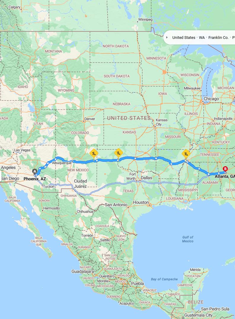 driving from Phoenix, Arizona to AtlantaGeorgia - map and route